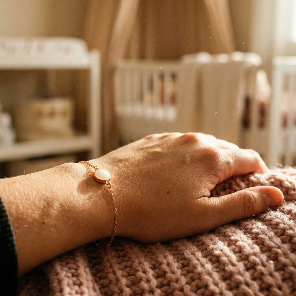 Mano di mamma su coperta in maglia con un delicato bracciale con ciondolo ovale bianco, tra i bracciali latte materno come gioiello ricordo in luce calda domestica.