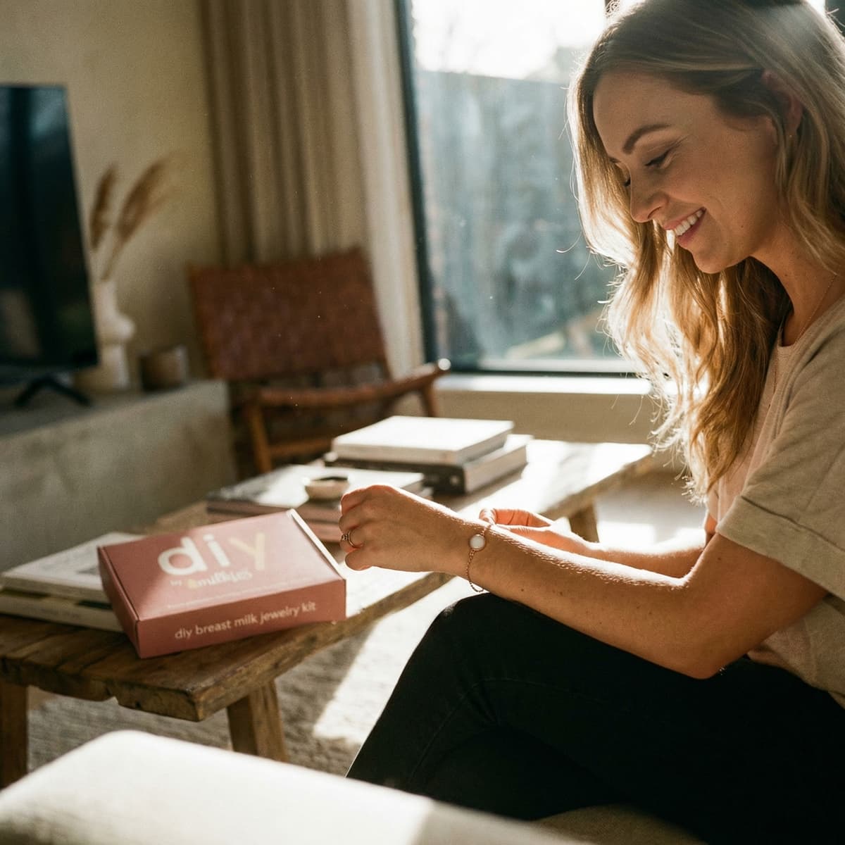 Mamma che crea a casa bracciali latte materno con il kit fai da te DIY by MILKIES, lavorando in un ambiente luminoso per realizzare un ricordo personale in modo semplice e privato.