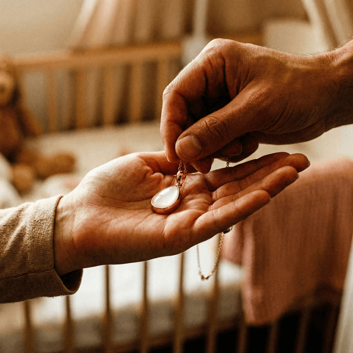 Mani che regalano una collana in oro rosa con ciondolo a goccia e pietra bianca, tra le migliori idee regalo nascita mamma, con culla sullo sfondo.