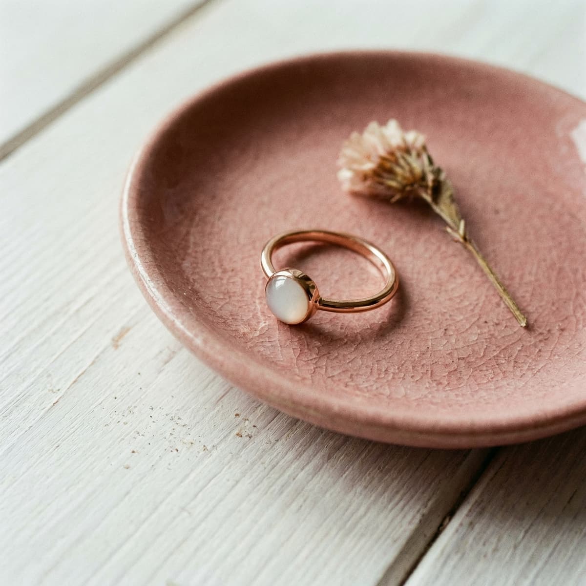 Anello ricordo con pietra lattiginosa appoggiato su un piattino rosa con fiore secco, ideale per realizzare un kit anello latte materno fai da te.