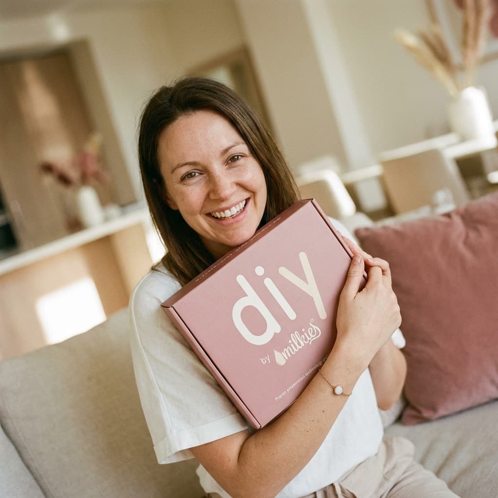 Donna sorridente seduta sul divano abbraccia la scatola rosa DIY by MILKIES, mostrando perché scegliere un kit bracciale latte materno da realizzare a casa in modo semplice e riservato.