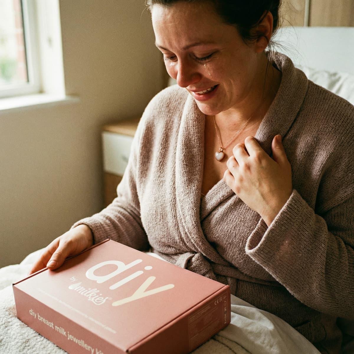 Donna in accappatoio sorride commossa mentre apre sul letto il kit DIY by MILKIES, considerato il miglior regalo neo mamma per creare a casa un gioiello ricordo personalizzato e conservarne il valore emotivo.