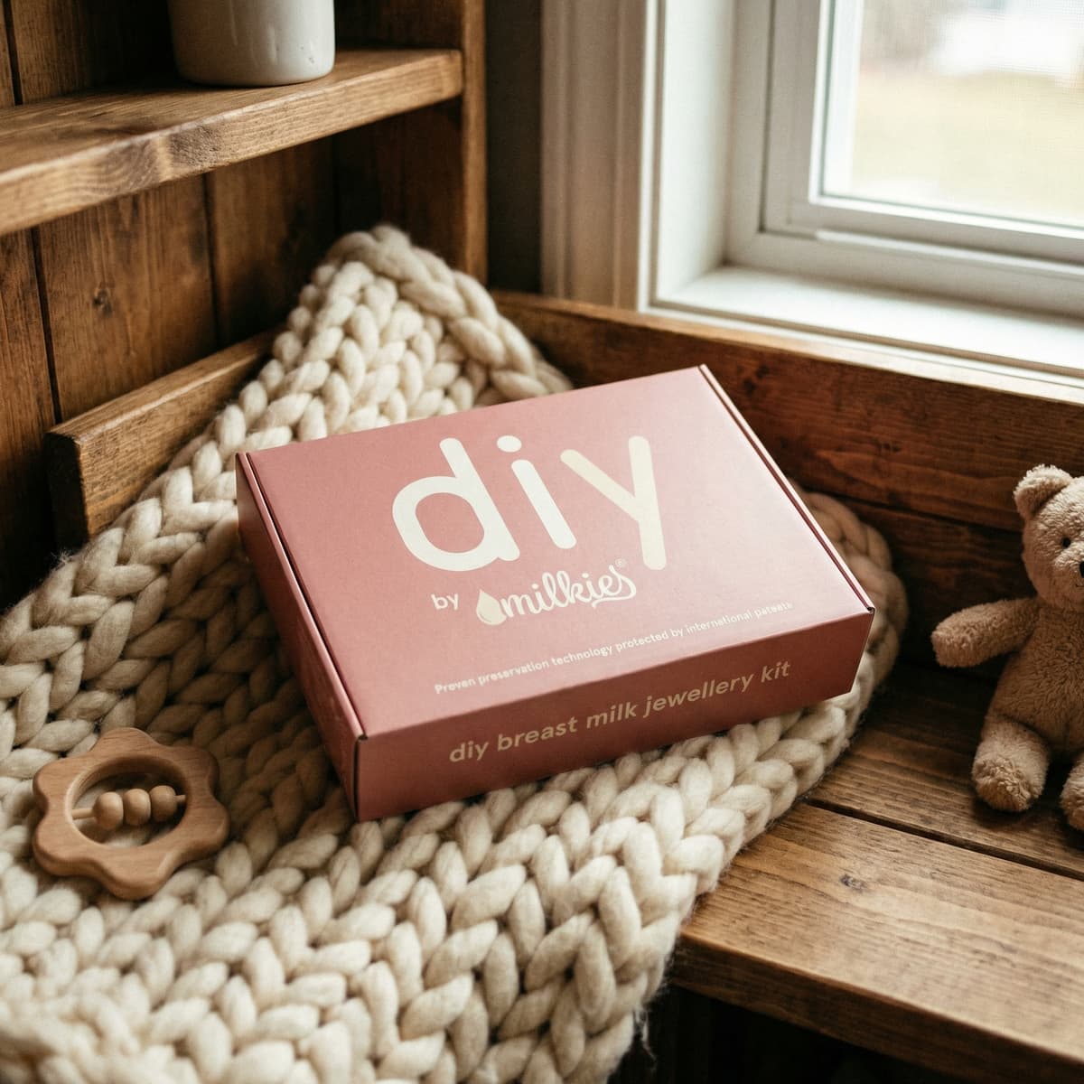 Kit DIY by MILKIES per creare gioielli con latte materno, idea tra i regali per neo mamme, in una scatola rosa su coperta in maglia accanto a un peluche e un sonaglino in legno.