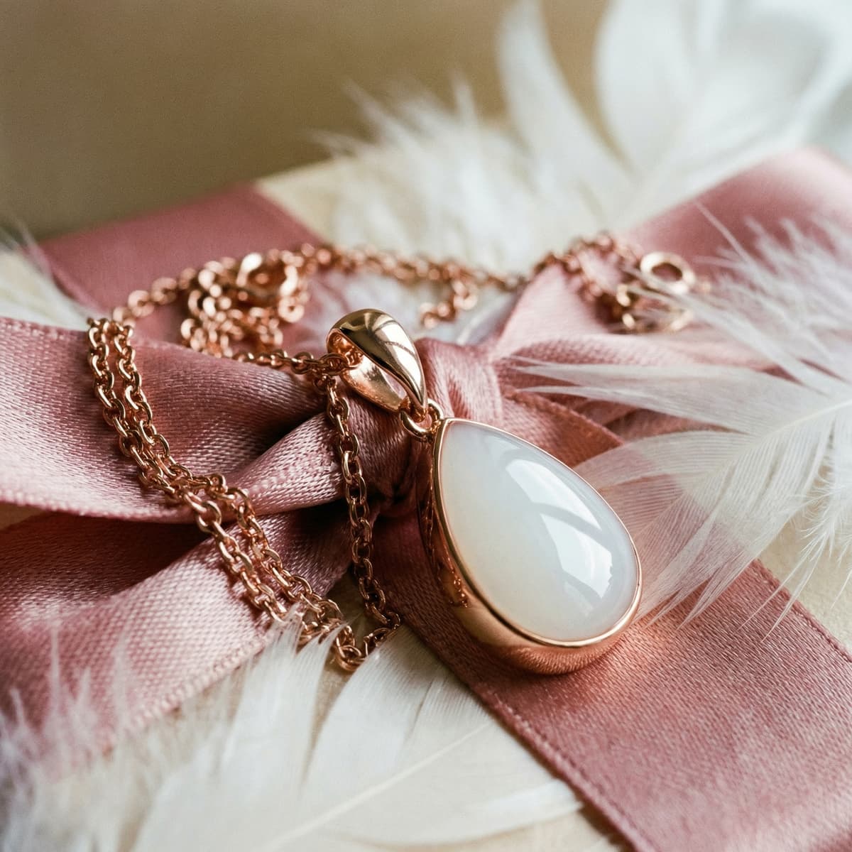 Collana con ciondolo a goccia bianco in montatura color oro rosa, su fiocco di raso rosa con piume bianche, delicata idea di regali per neo mamme.