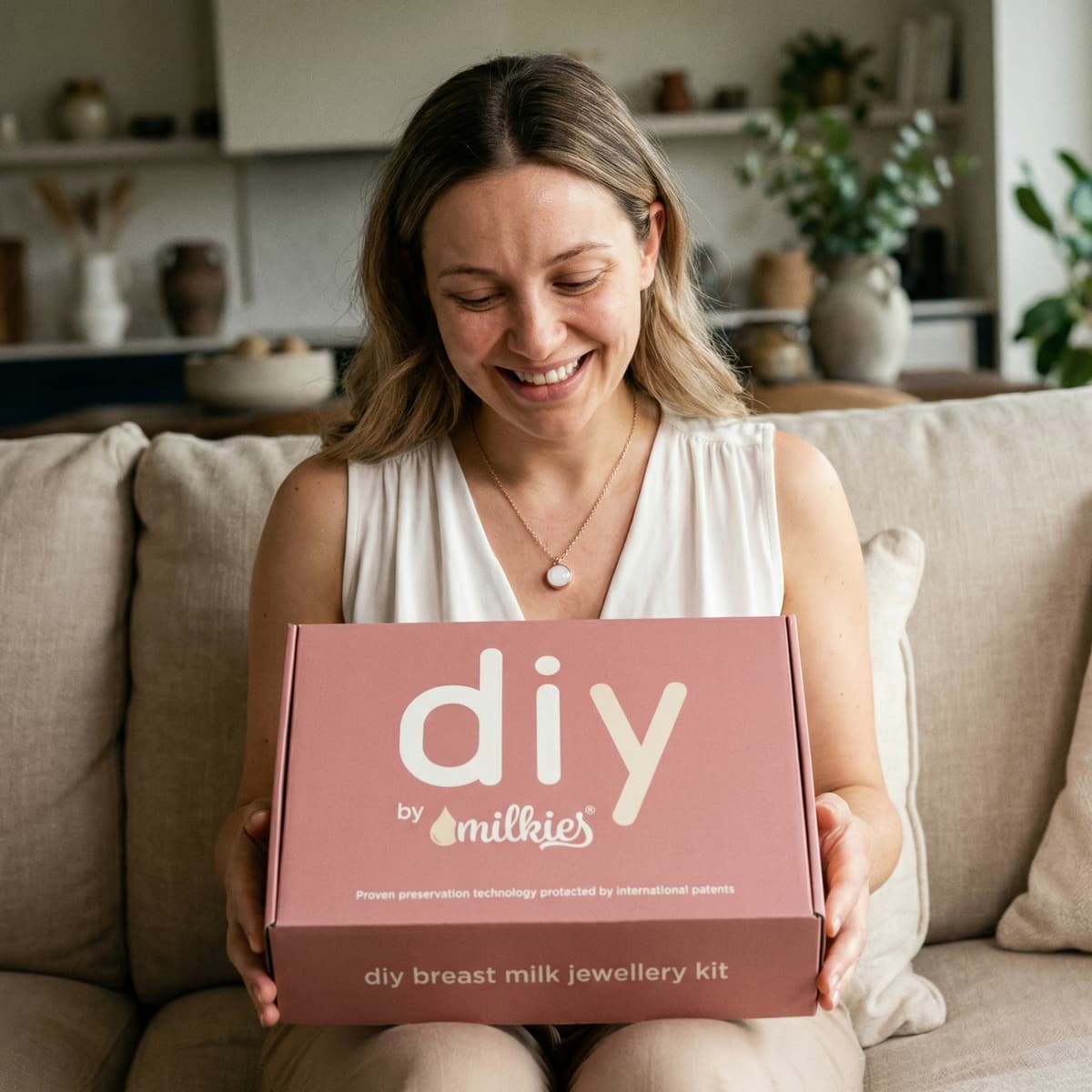 Donna sorridente seduta sul divano che mostra il kit DIY by MILKIES per creare gioielli con latte materno, un’idea di regali per neo mamme che spiega perché scegliere un kit fai‑da‑te con tecnologia di conservazione brevettata.