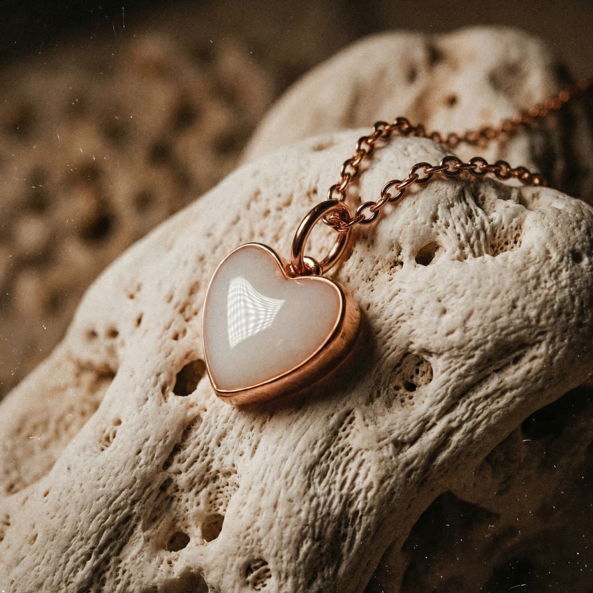 Collana con ciondolo a cuore in metallo color oro rosa con pietra bianca lucida, elegante regalo donna incinta, fotografata su una roccia chiara.