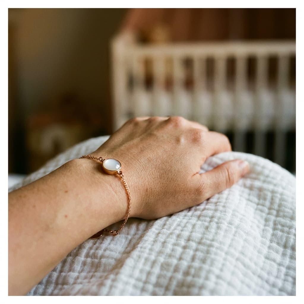 Mano di mamma appoggiata su una coperta bianca con bracciale in oro rosa e ciondolo ovale bianco, esempio di braccialetti latte materno fai da te per creare un ricordo personalizzato.
