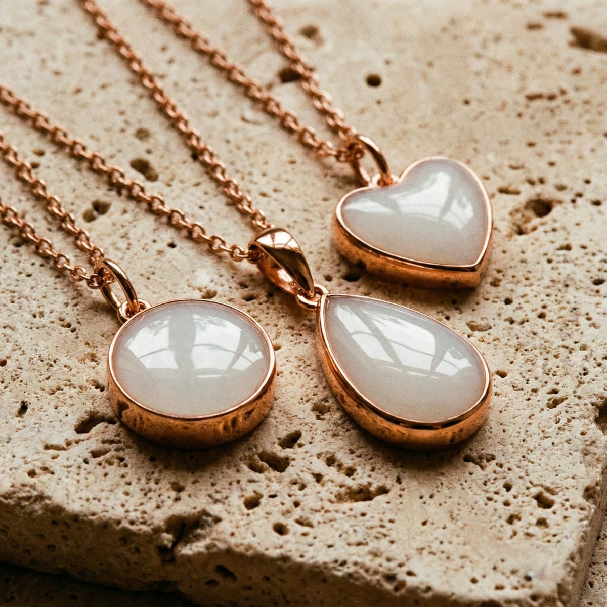 Tre pendenti in resina bianca con montatura oro rosa e catena, a forma di cuore, goccia e tondo, ideali come ciondolo latte materno fai da te su fondo in pietra chiara.