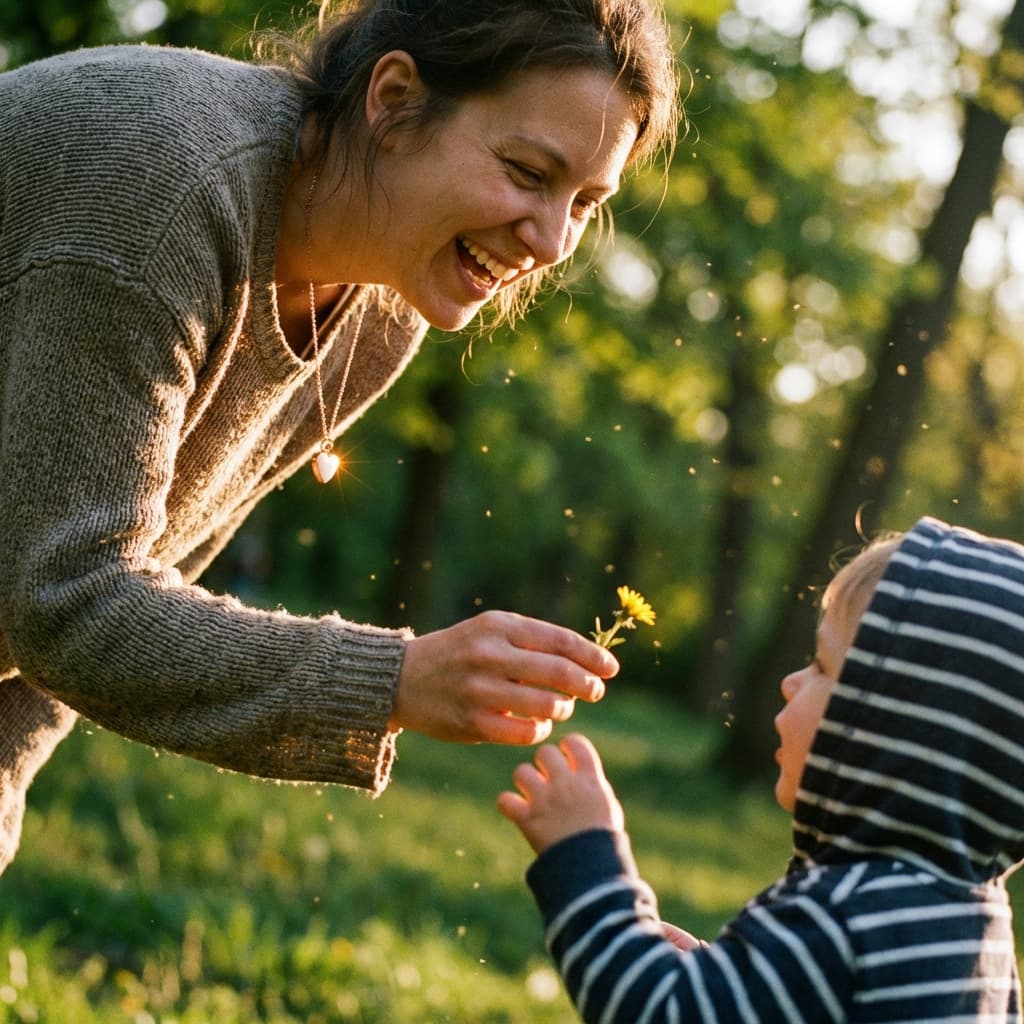 Mamma sorridente all’aperto al tramonto porge un fiore al suo bambino, indossando una collana con ciondolo latte materno fai da te come ricordo dell’allattamento.