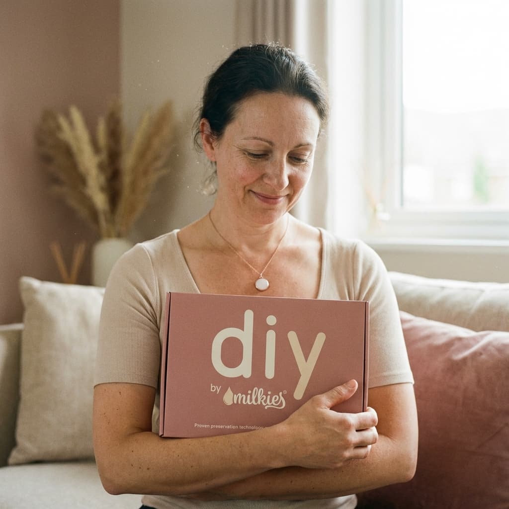 Donna a casa che abbraccia il kit DIY by MILKIES, soluzione pratica e sicura per creare un ciondolo latte materno fai da te con tecnologia di conservazione per un ricordo personale e riservato.