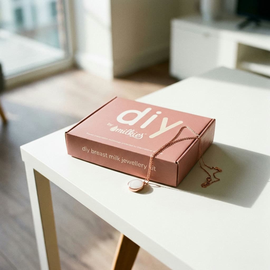 Kit DIY by MILKIES su tavolino bianco illuminato da luce naturale, con una delicata collana latte materno color oro rosa appoggiata sulla confezione.