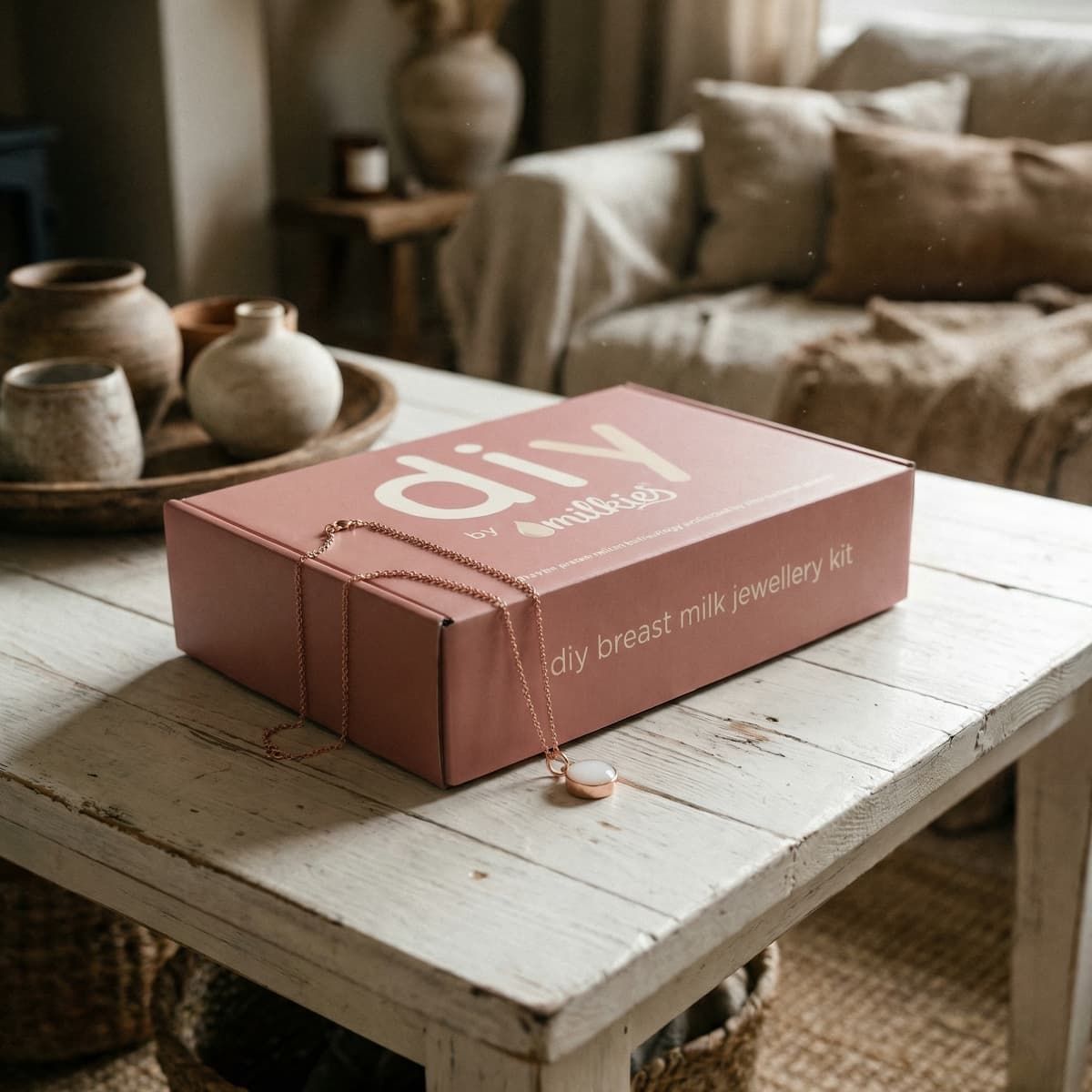 Kit fai-da-te DIY by MILKIES in scatola rosa su tavolo di legno con collana e ciondolo in resina, ideale per imparare come fare gioielli con latte materno a casa.