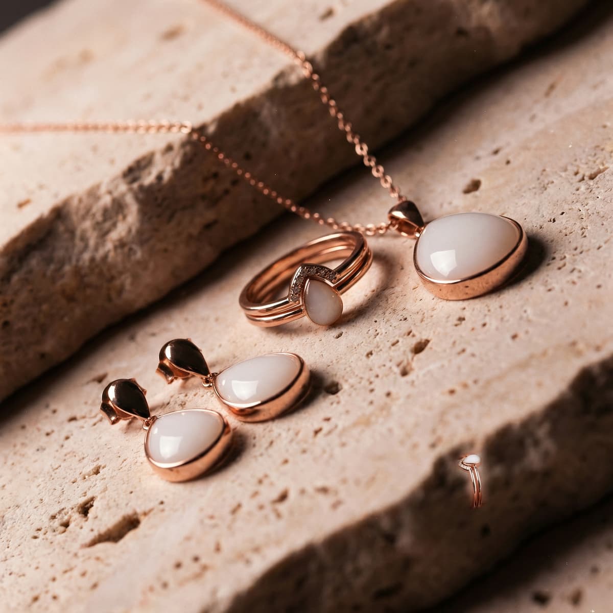 Set di gioielli in oro rosa con pietre a goccia bianco latte (collana, anello e orecchini) su fondo in pietra, ispirazione su come fare gioielli con latte materno e creare un ricordo prezioso.