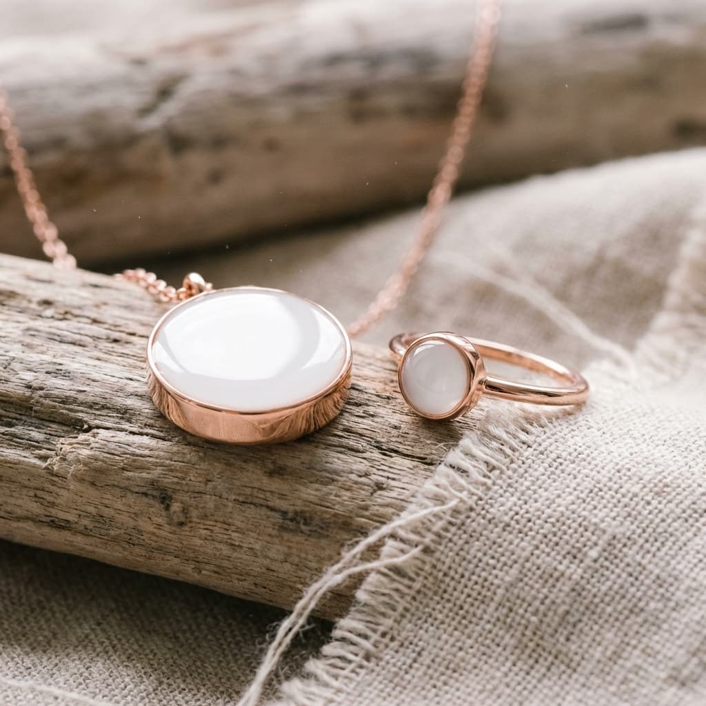 Ispirazione su come fare gioielli con latte materno: set color oro rosa con pietre bianche in resina, collana e anello appoggiati su legno e tessuto neutro.