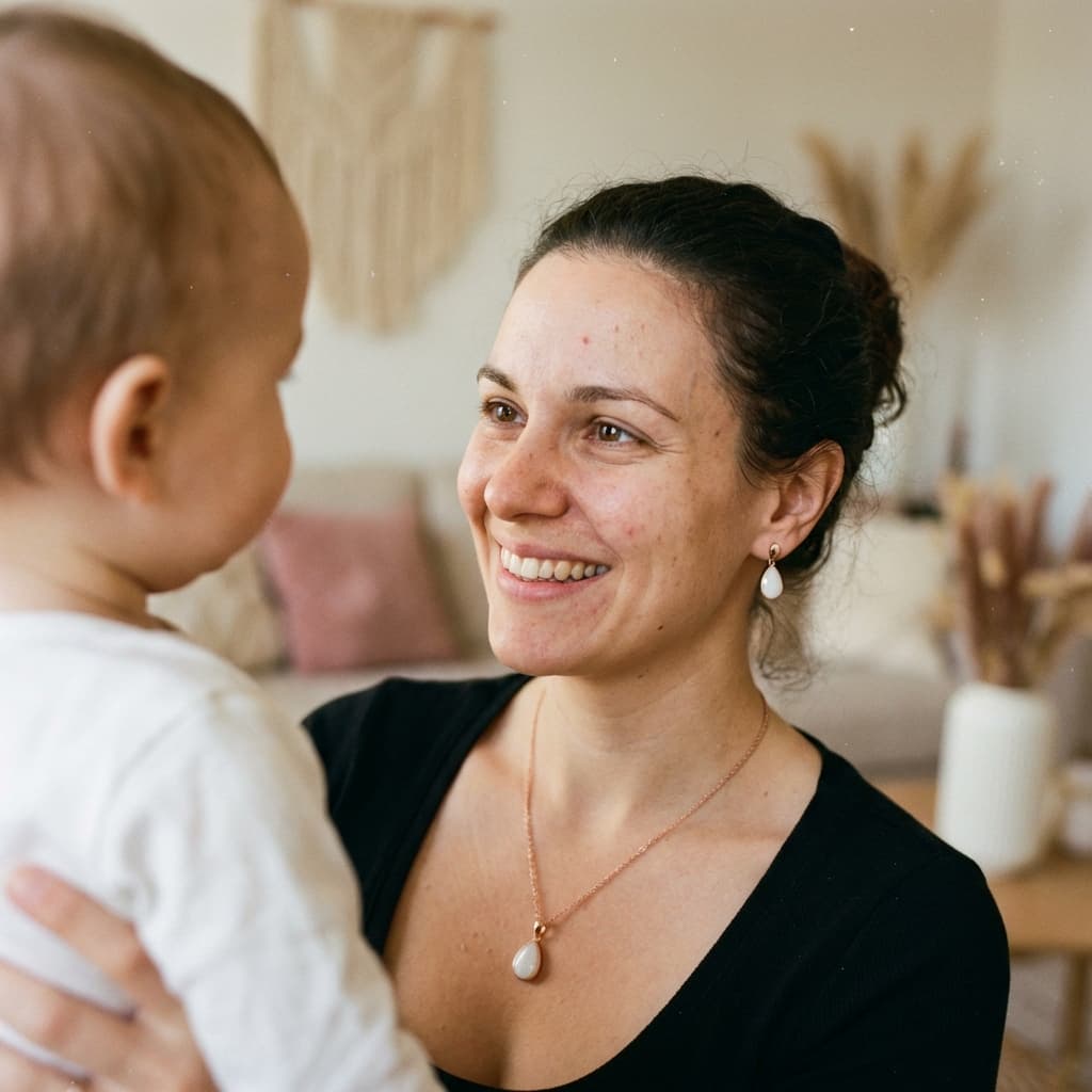 Mamma sorridente con il suo bambino, indossa collana e orecchini con ciondoli bianchi: ispirazione su come fare gioielli con latte materno a casa e perché scegliere un kit fai‑da‑te per creare un ricordo intimo e personale.