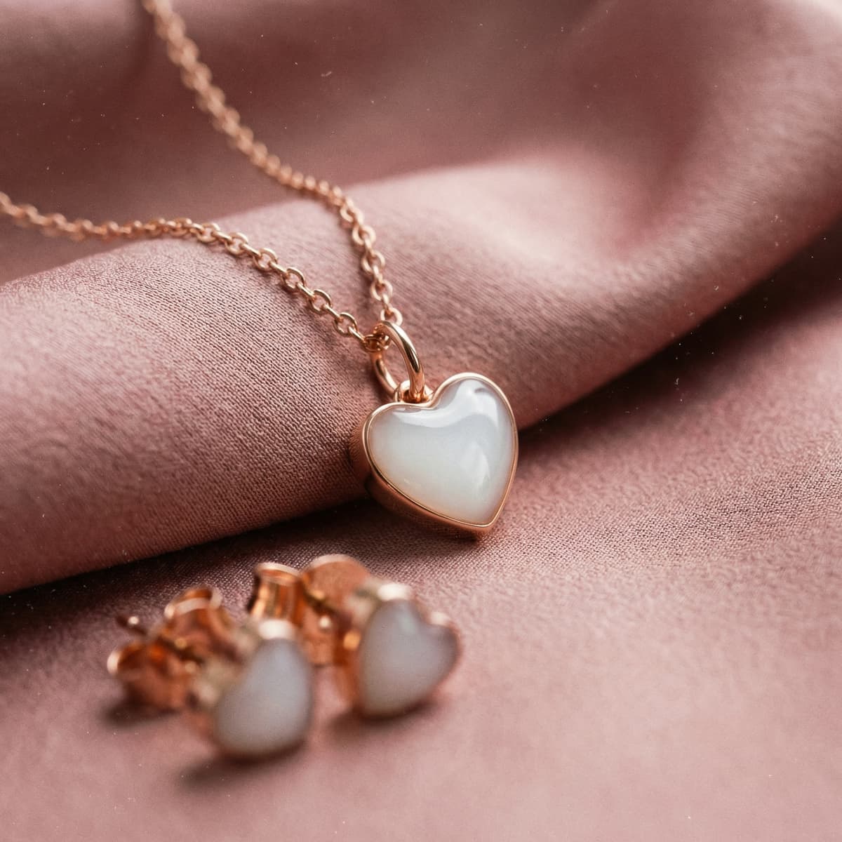 Collana in oro rosa con ciondolo a cuore bianco latte e orecchini coordinati su tessuto rosa, esempio di gioielli con latte materno come ricordo personalizzato.
