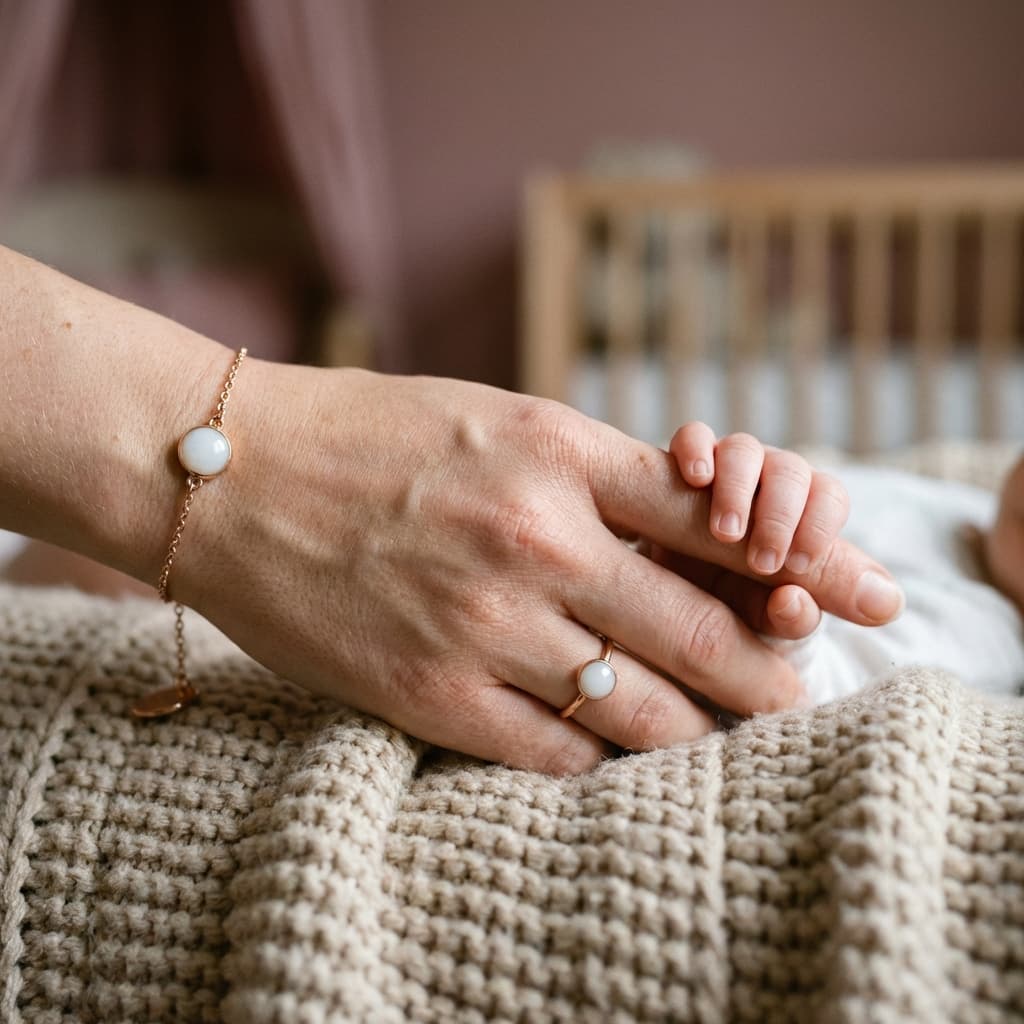 Mano di una mamma che tiene la manina del neonato su una coperta, con bracciale e anello con pietra bianca in stile gioielli con latte materno, in un ambiente caldo e domestico.