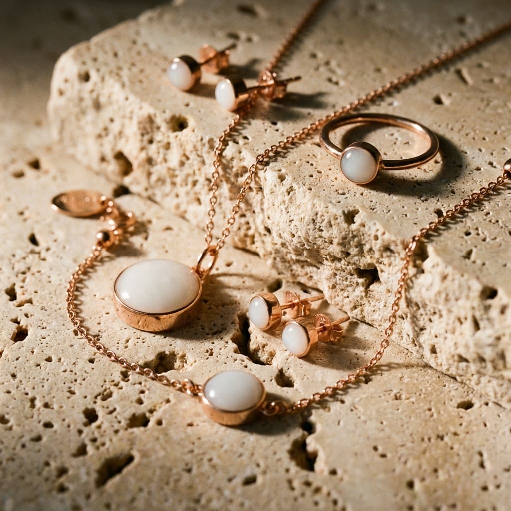 Set di gioielli con latte materno: collana, anello, bracciale e orecchini oro rosa con pietre bianche su base in pietra naturale.