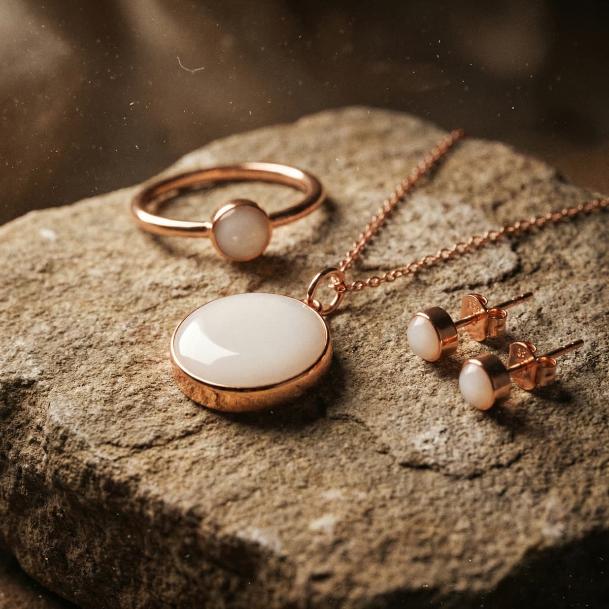 Set di gioielli in oro rosa con collana con ciondolo ovale bianco, anello e orecchini a lobo coordinati, esempio di gioielli con latte materno fai da te fotografati su pietra in luce calda.