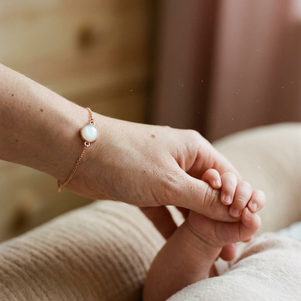 Mano di mamma che tiene la manina del neonato con un bracciale delicato e ciondolo bianco, ideale come ricordo personalizzato per gioielli con latte materno fai da te.