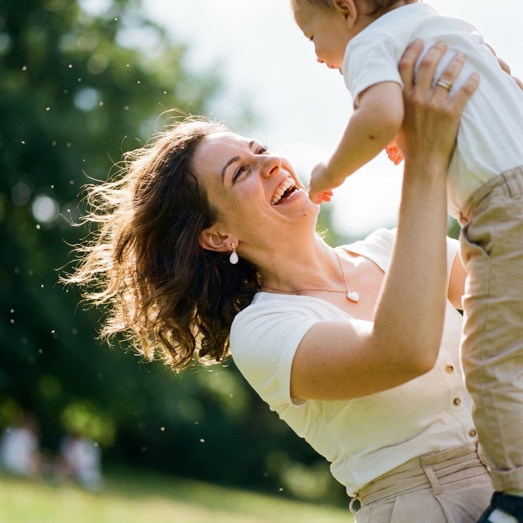 Mamma all’aperto che solleva e abbraccia il suo bambino sorridendo al sole, indossando orecchini e collana con ciondolo in stile gioielli di latte materno.
