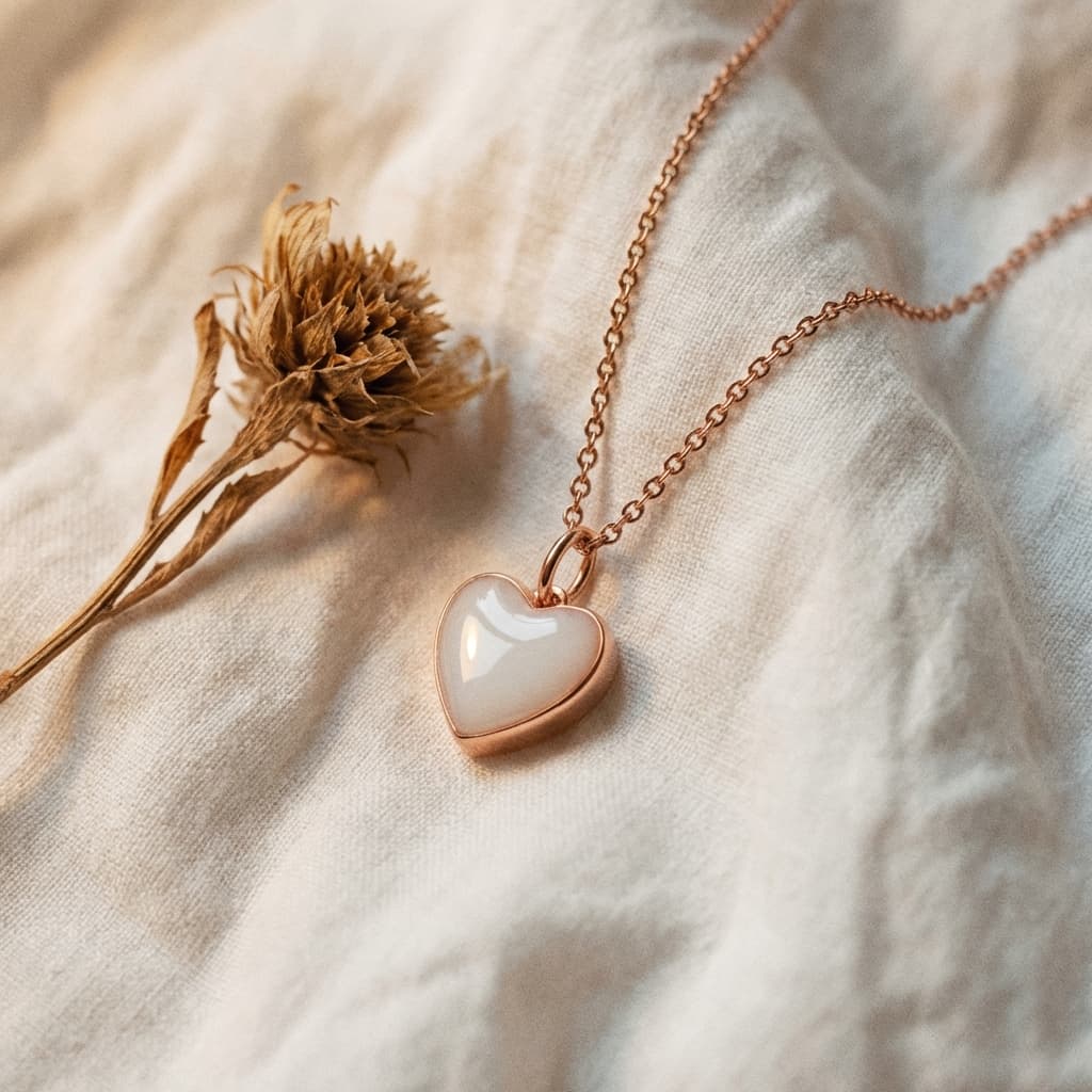 Collana minimal in tonalità oro rosa con pendente a cuore, ideale come gioielli latte materno, appoggiata su tessuto chiaro con fiore secco
