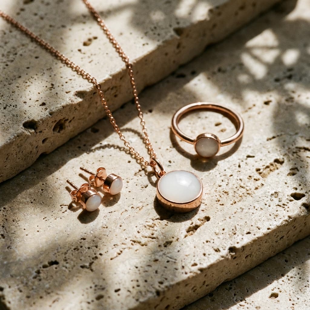 Set di gioielli in oro rosa con collana, anello e orecchini con pietra bianca, gioielli latte materno esposti su superficie in travertino alla luce naturale.