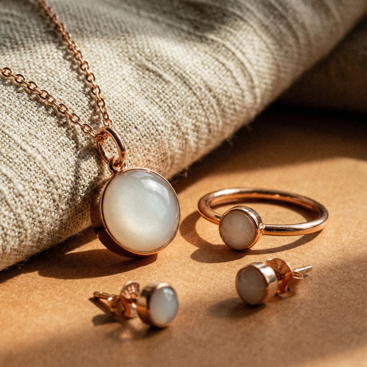 Composizione su sfondo caldo di gioielli latte materno da fare a casa: collana, anello e orecchini con finitura oro rosa e cabochon bianco lattiginoso su tessuto naturale.