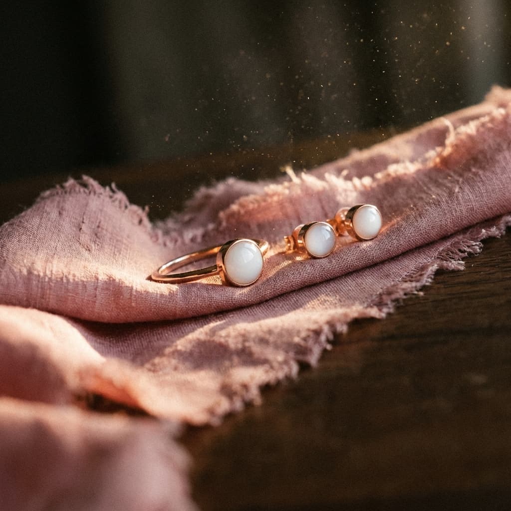 Set di gioielli latte materno da fare a casa con anello e orecchini con pietre bianche in montatura color oro, appoggiati su tessuto rosa con luce calda e atmosfera delicata.
