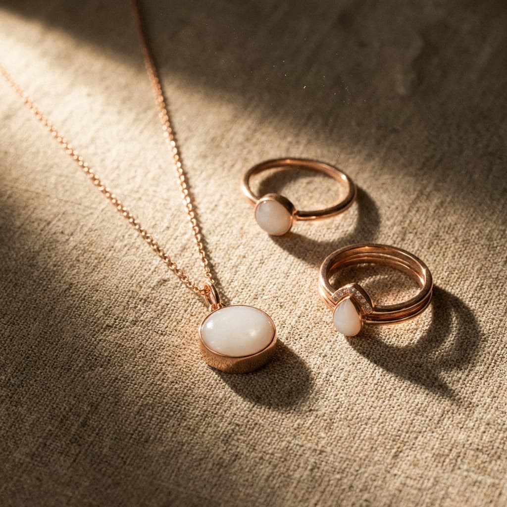 Collana e due anelli in oro rosa con pietra bianca opalescente su tessuto beige, perfetti come gioielli latte materno fai da te per un ricordo elegante e discreto.