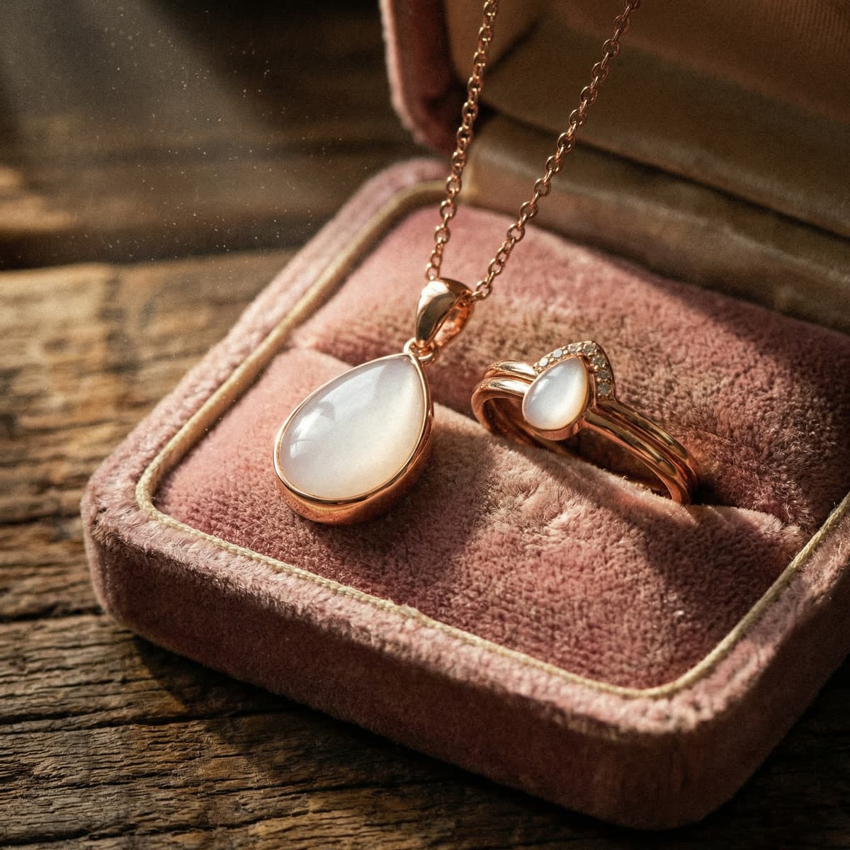 Collana e anello in oro rosa con pietra a goccia lattiginosa, gioiello ricordo latte esposto in un portagioie di velluto rosa su superficie in legno.