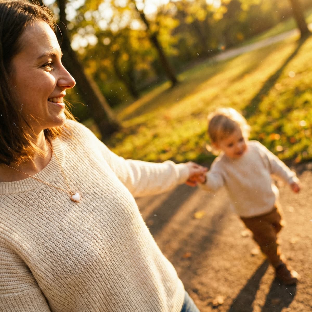 Mamma che sorride durante una passeggiata al tramonto tenendo per mano il bambino, indossando una collana a cuore come gioiello ultima poppata ricordo dell’allattamento.