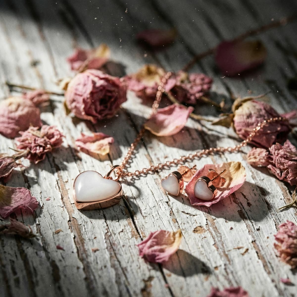 Collana e orecchini a cuore color oro rosa con pietra lattiginosa su tavolo in legno rustico tra petali di rosa essiccati, ideale come gioiello ultima poppata ricordo dell’allattamento