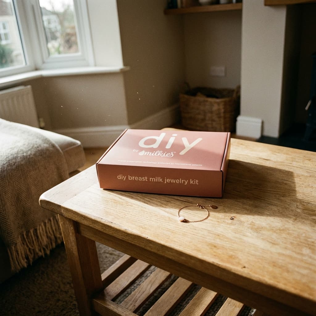 Scatola DIY by MILKIES su tavolino in legno accanto a un bracciale, con kit bracciale ricordo allattamento per creare gioielli con latte materno a casa.