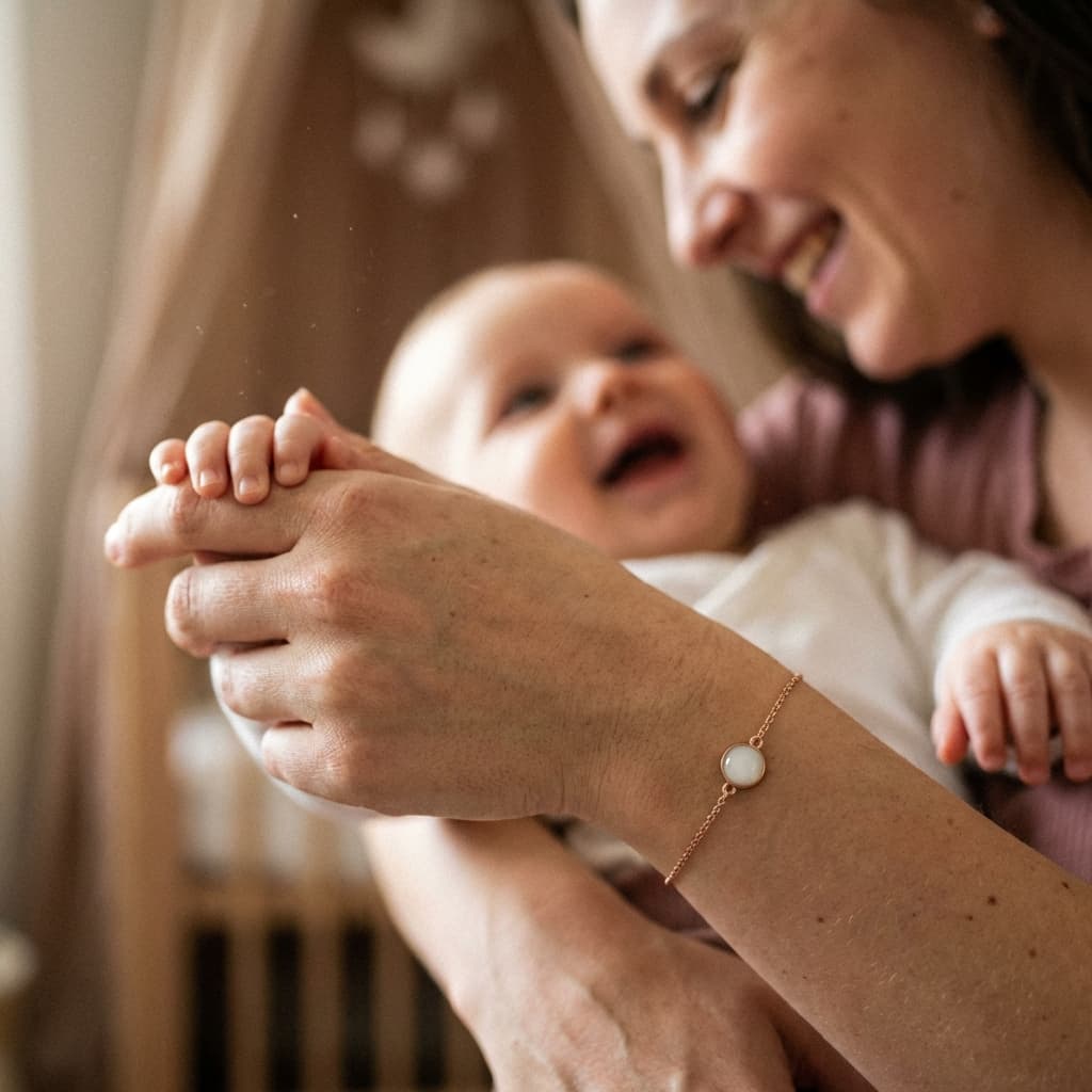 Mamma che gioca con il neonato indossando un delicato kit bracciale ricordo allattamento con pietra lattiginosa, per mostrare perché scegliere un kit fai‑da‑te è un modo personale e riservato di conservare un momento speciale.