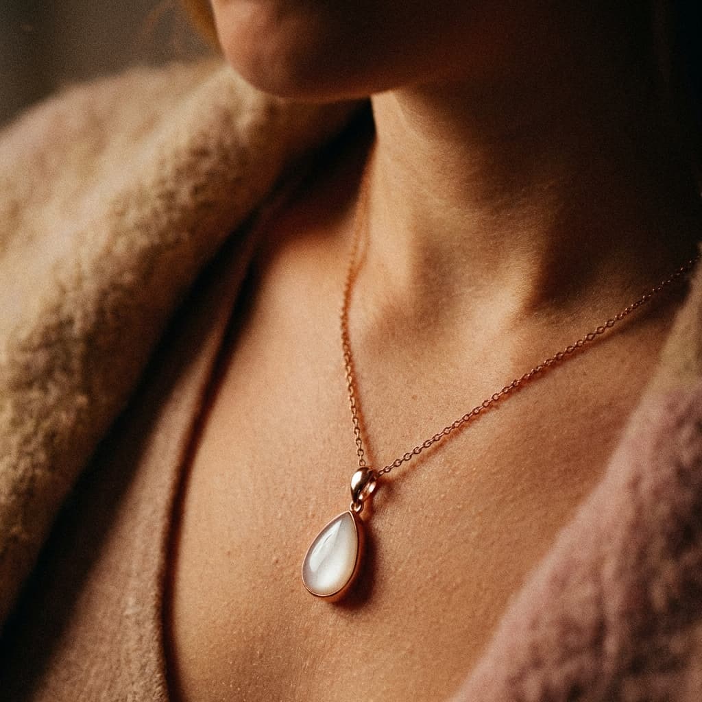 Donna che indossa una collana in oro rosa con ciondolo a goccia e pietra lattiginosa, realizzata con un kit ciondolo con latte materno per creare un ricordo personalizzato.