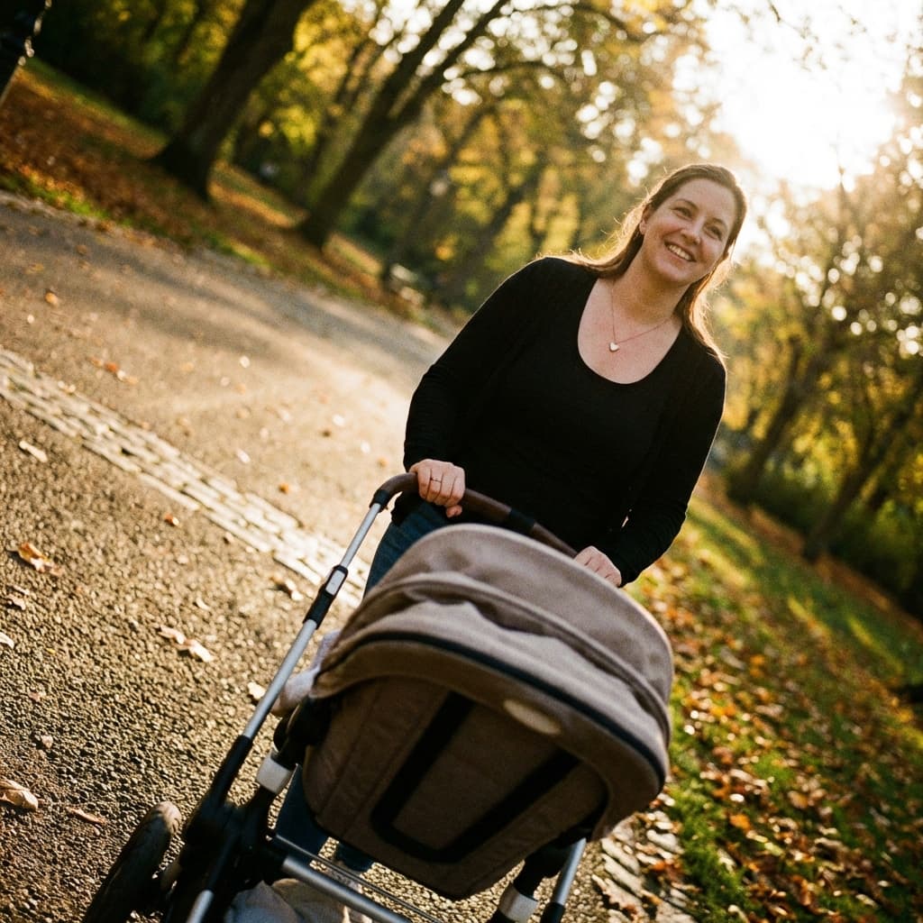 Mamma sorridente che spinge un passeggino in un parco al tramonto, richiamo emotivo a un ricordo prezioso da trasformare in gioiello personalizzato con un kit ciondolo con latte materno.