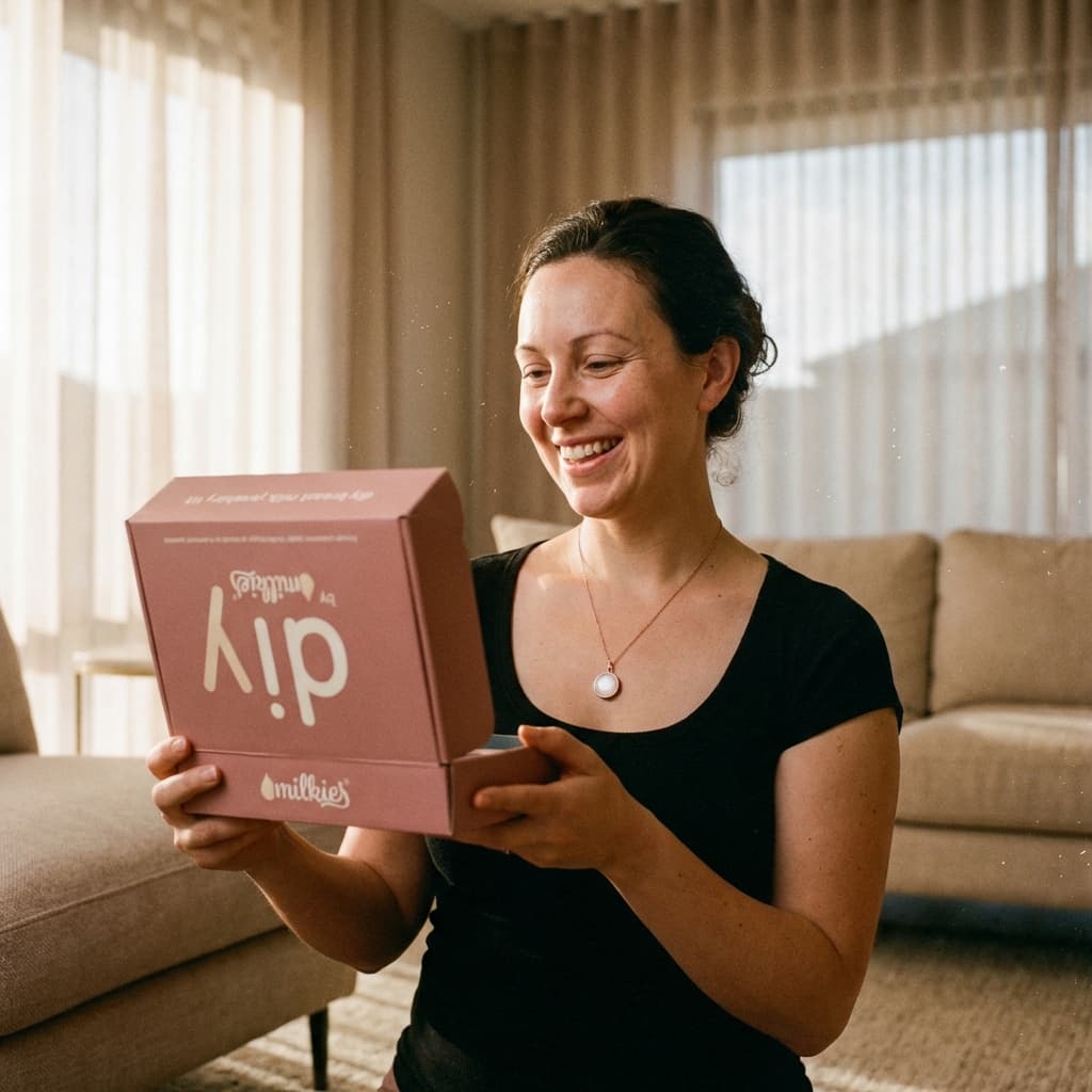 Mamma sorridente a casa che apre una scatola DIY by MILKIES, mostrando un kit ciondolo con latte materno per creare in autonomia e in totale privacy un ricordo personale.