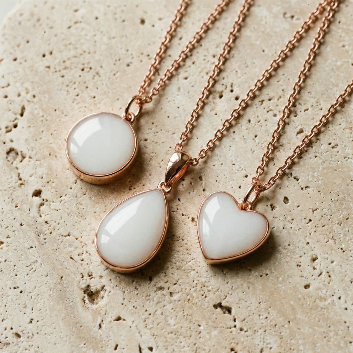 Tre pendenti in oro rosa con inserto bianco lattiginoso (tondo, a goccia e a cuore) su superficie in pietra, esempio di kit collana latte materno per creare un ricordo personalizzato.