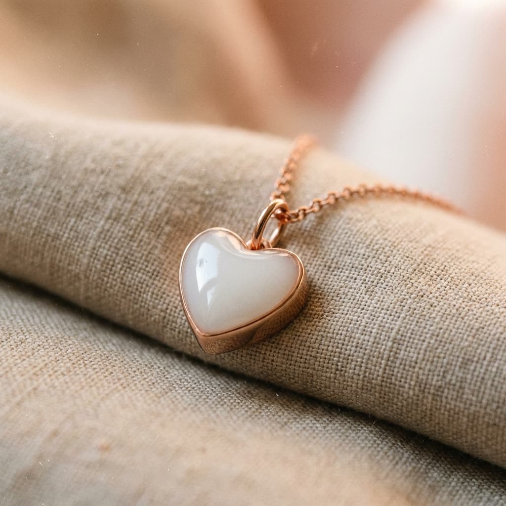 Collana a ciondolo a cuore in metallo color oro rosa con inserto bianco latteo, esempio di kit collana latte materno per creare un gioiello ricordo fai-da-te.