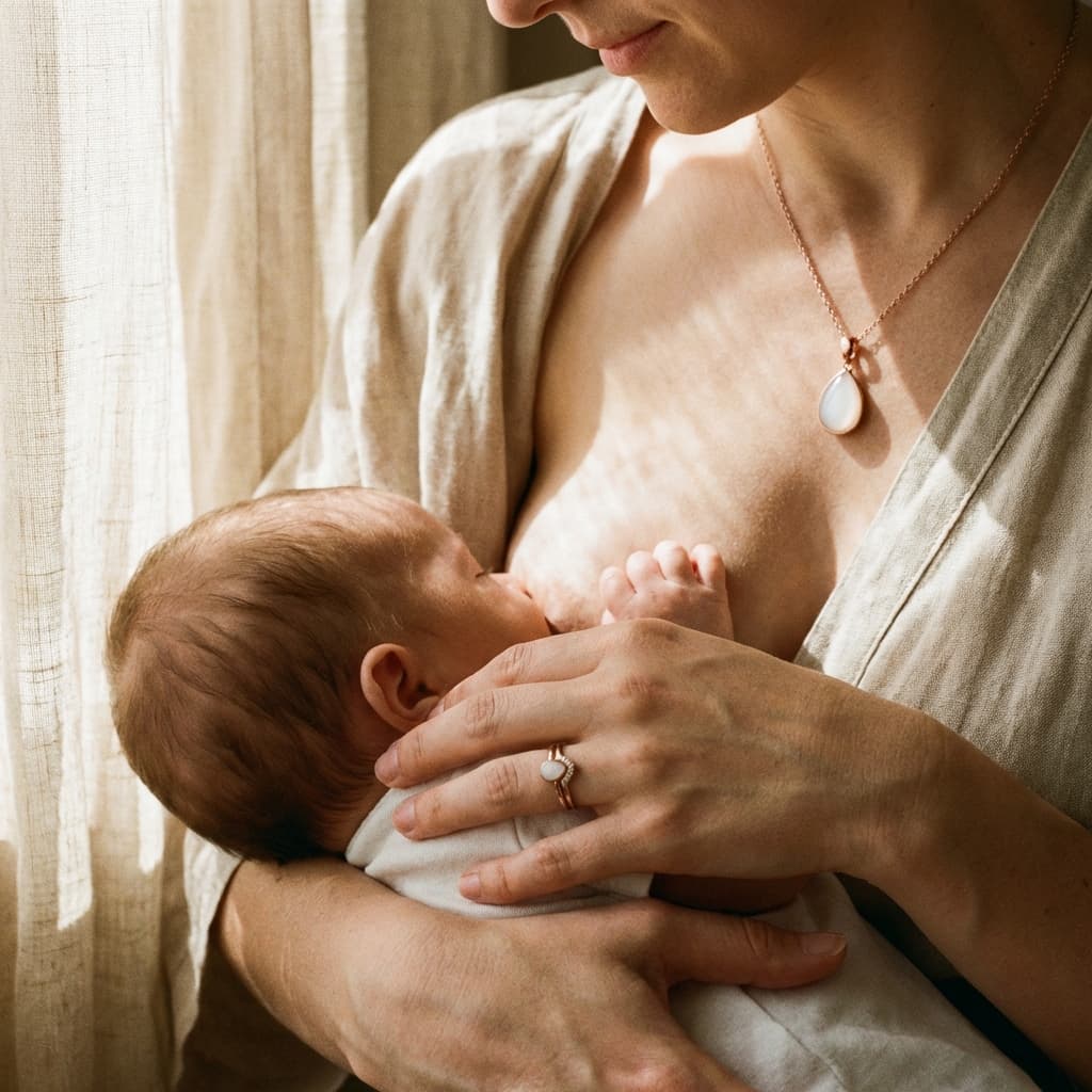 Mamma che allatta il neonato alla luce naturale, indossando collana e anello con pietra lattiginosa che richiamano un kit completo gioielli latte materno per creare un ricordo personalizzato.
