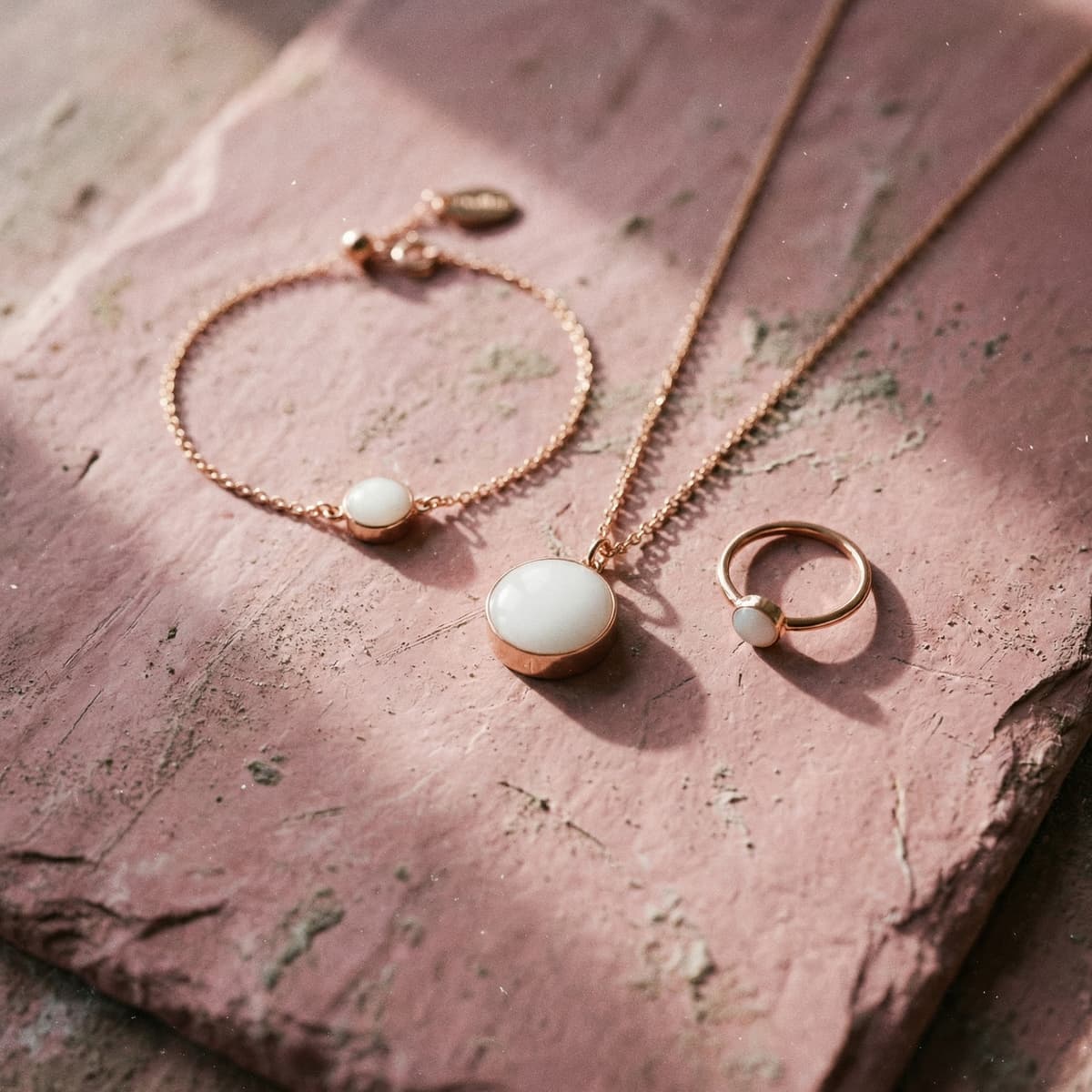 Set di gioielli in oro rosa con pietre bianche effetto latte, ideale come kit fai da te braccialetto latte materno, con collana e anello su sfondo rosa testurizzato.