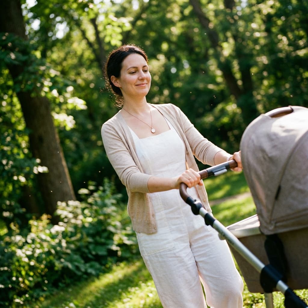 Mamma che passeggia nel parco spingendo una carrozzina, indossando una collana personalizzata realizzata con un kit fai da te ciondolo latte materno.