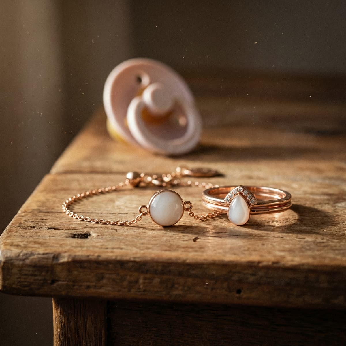 Bracciale e anelli in tonalità oro rosa con pietre bianche effetto latte su tavolo in legno, esempio di kit gioielli di latte materno per creare un ricordo personale fai da te a casa.