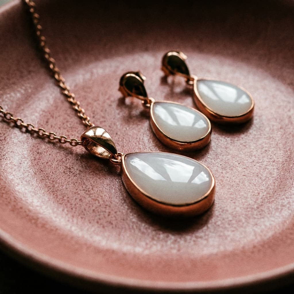 Collana e orecchini a goccia color oro rosa con pietra bianca lattiginosa, esempio di kit gioielli latte materno fai da te per creare un ricordo elegante e personale.