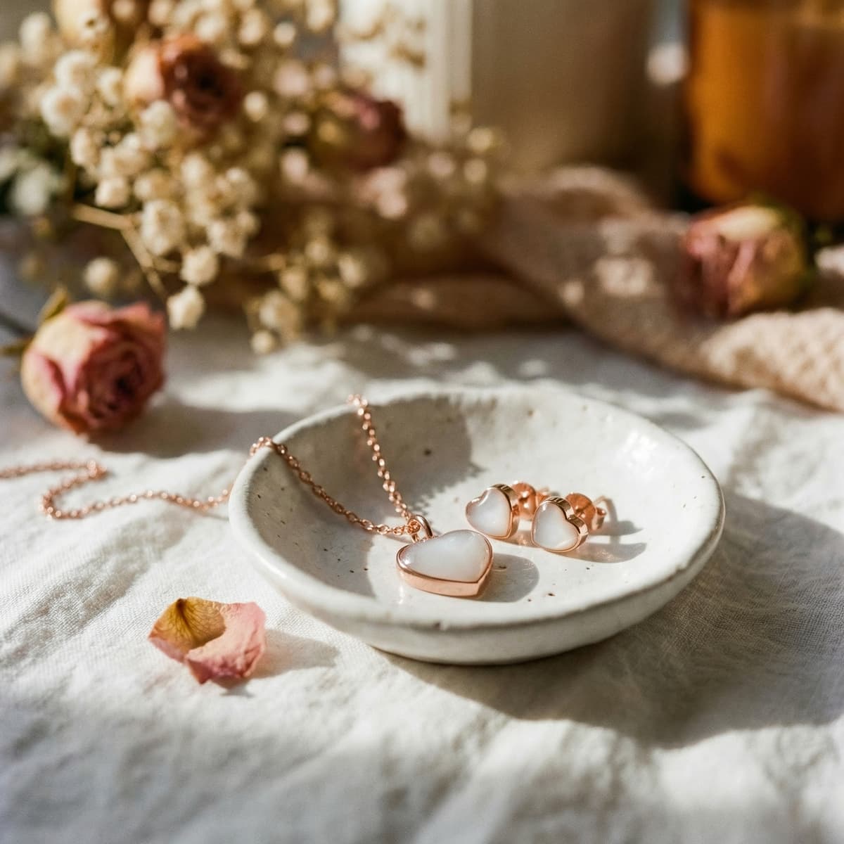 Foto lifestyle di collana e orecchini a cuore in tonalità oro rosa su piattino in ceramica, ispirati al kit gioielli latte materno fai da te, con luce calda e petali di rosa sullo sfondo.