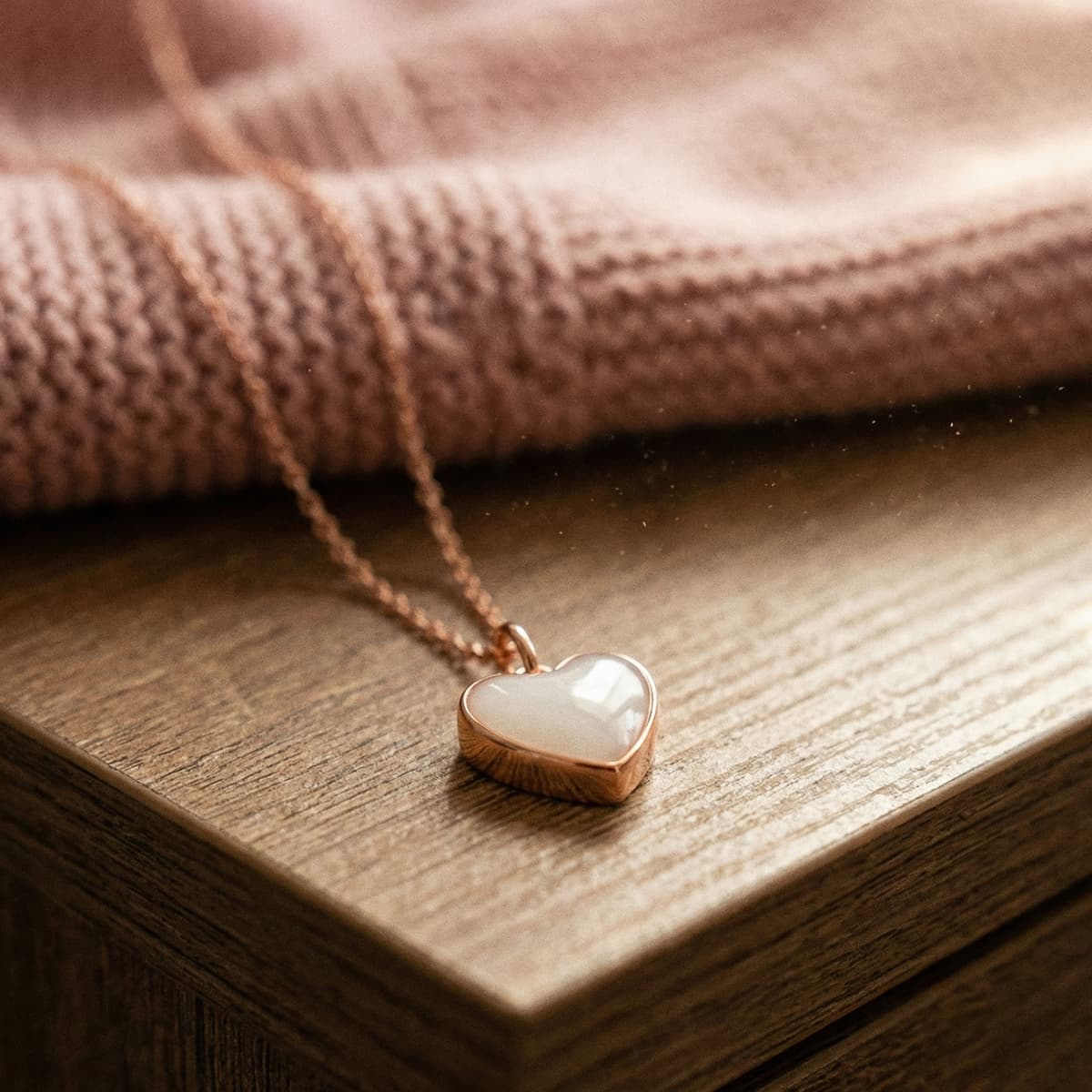 Collana con ciondolo a cuore oro rosa con inserto bianco latte, esempio di kit per creare collana latte materno fai da te appoggiato su scatola di legno con tessuto beige sullo sfondo