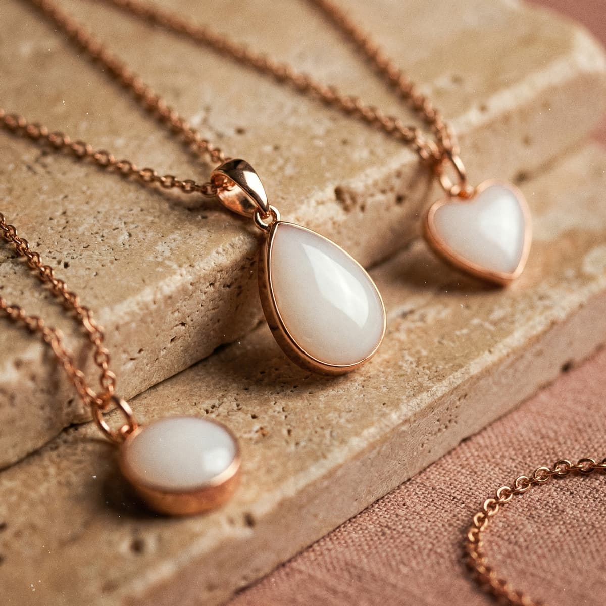 Collane in tonalità oro rosa con pendenti bianchi a goccia e a cuore, realizzate con un kit per creare collana latte materno su base in pietra naturale.