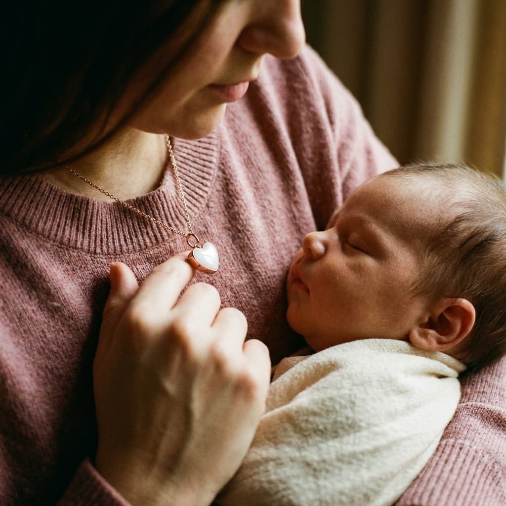 Mamma che tiene in braccio il neonato e mostra un ciondolo a cuore al collo, esempio di ricordo discreto realizzato a casa con un kit per creare collana latte materno, ideale per chi desidera privacy e un gioiello personale.