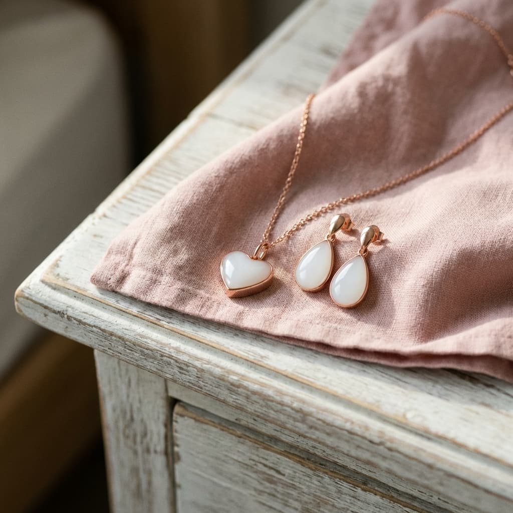 Collana con ciondolo a cuore e orecchini a goccia in oro rosa con pietre bianche lattiginose, gioielli realizzati con un kit per fare gioielli con latte materno, appoggiati su tessuto rosa su un comodino in legno.